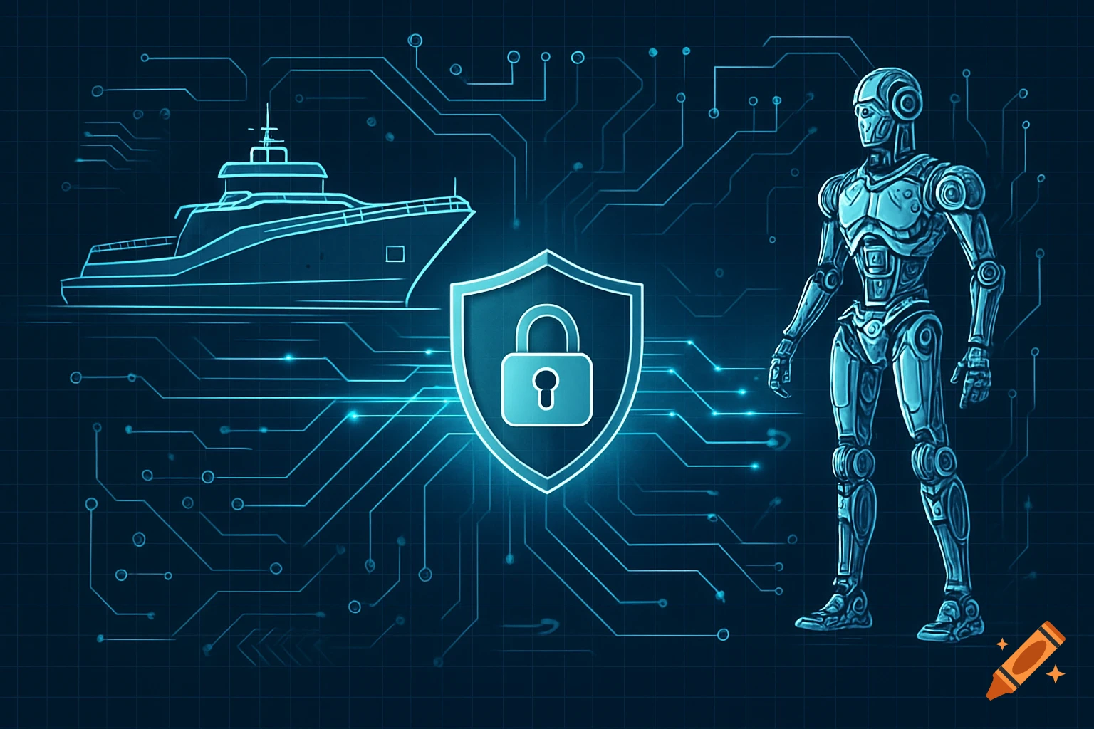 Blue infographic showing a robot, autonomous ship, and cybersecurity shield connected by glowing circuit lines on a dark grid background.