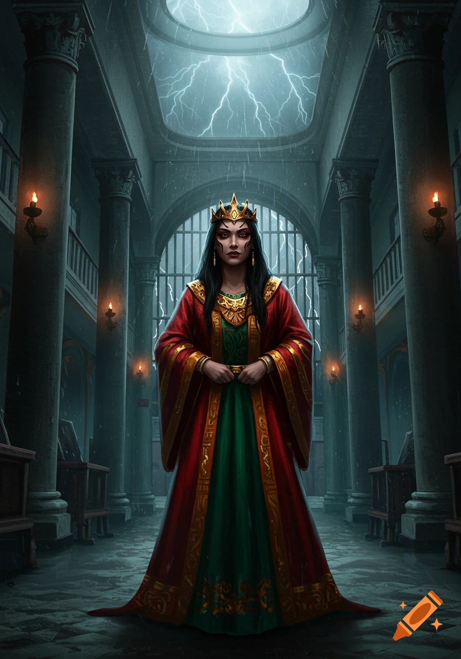 A regal woman in a red and green gown and crown stands in a dark, pillared hall with lightning visible through the skylight.