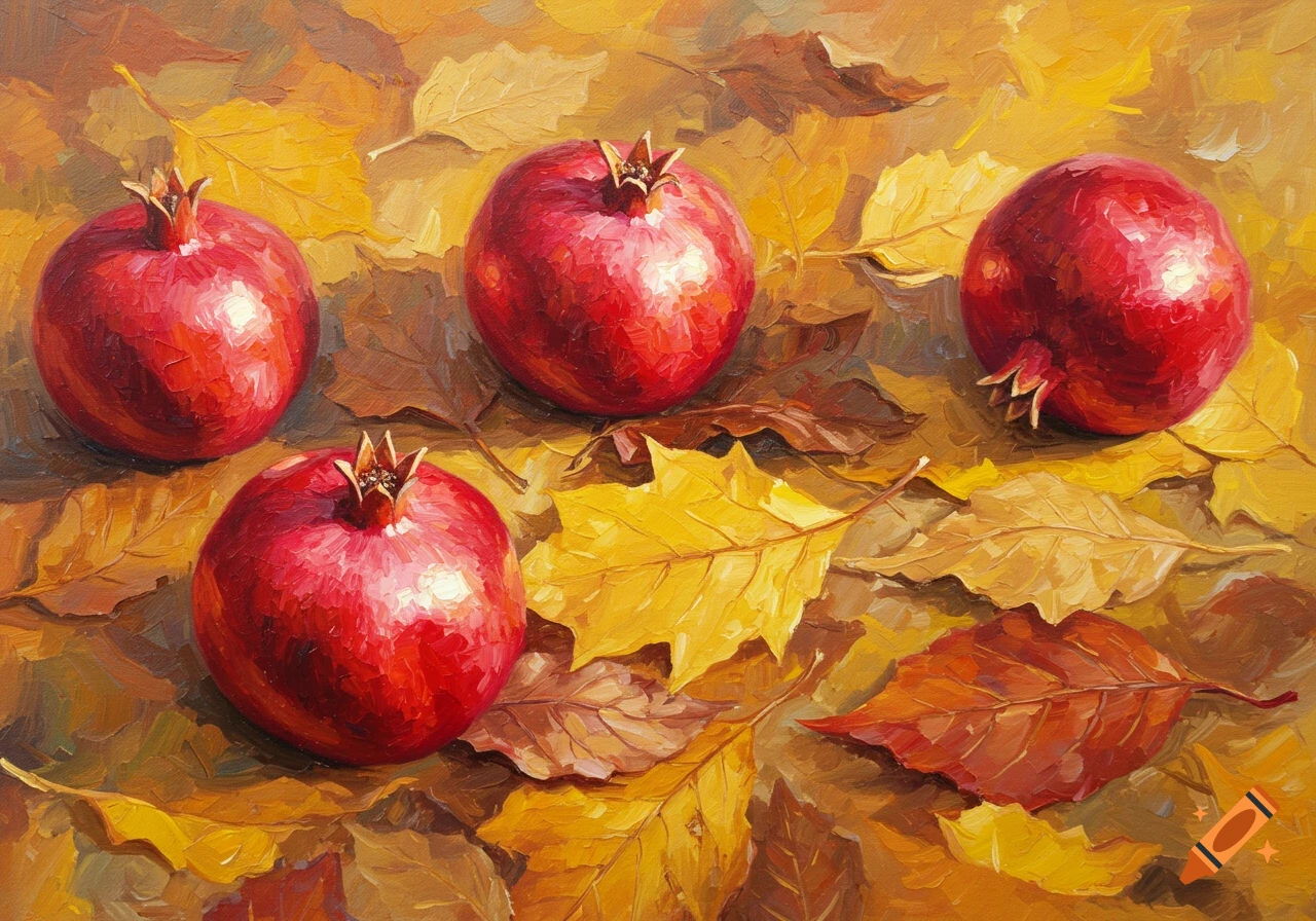 Impressionistic oil painting of five red pomegranates scattered among golden and brown autumn leaves.