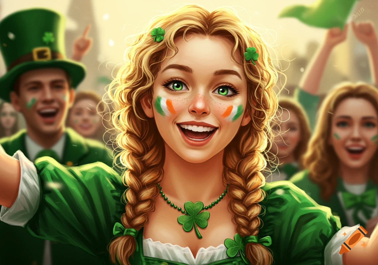 A smiling young woman with curly blonde hair and green eyes, wearing Irish flag face paint and a shamrock necklace, celebrating in a crowd.
