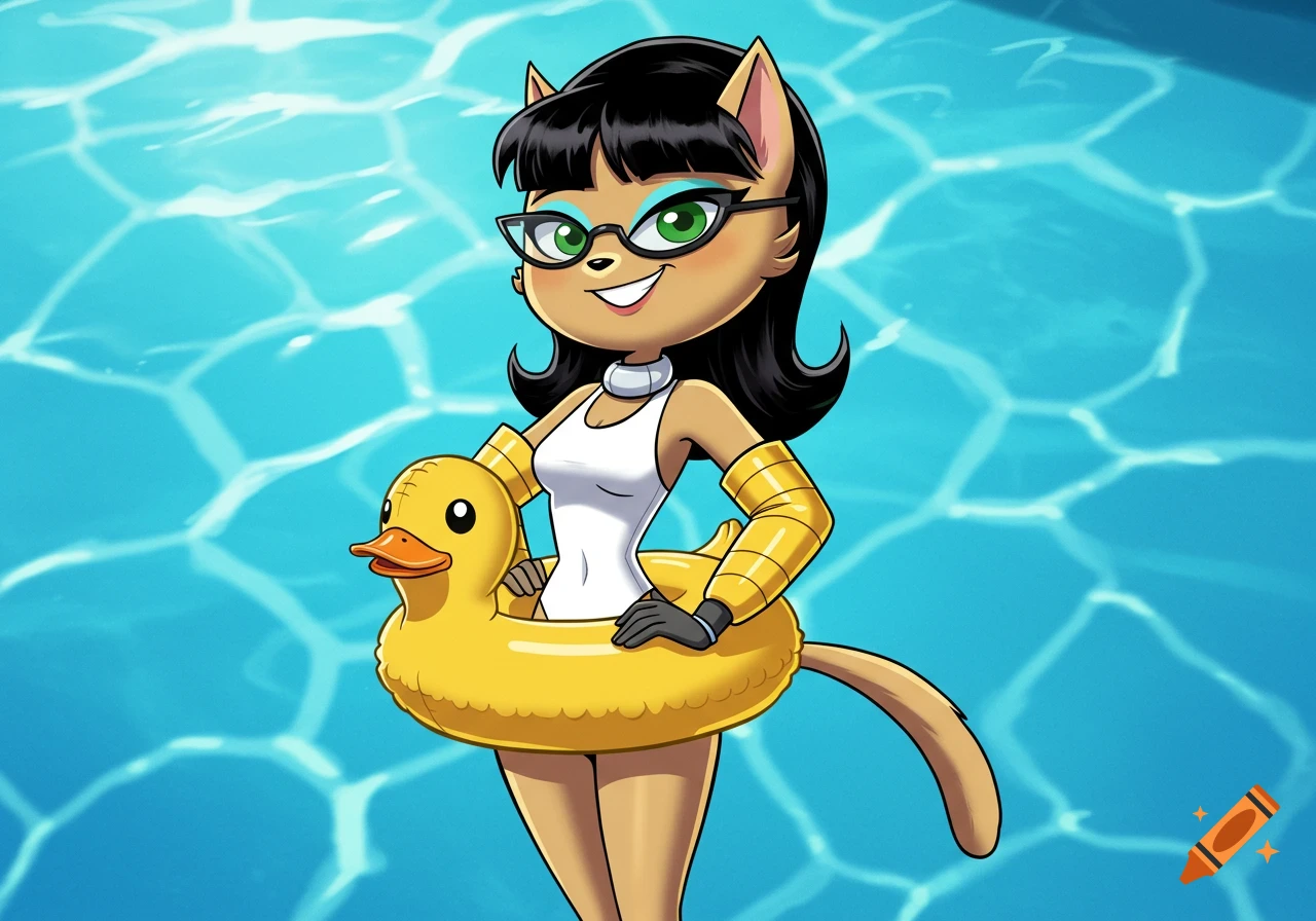 Kitty Katswell, an anthropomorphic cat in a white swimsuit and yellow armbands, smiles while holding a ducky swim ring in a blue pool.