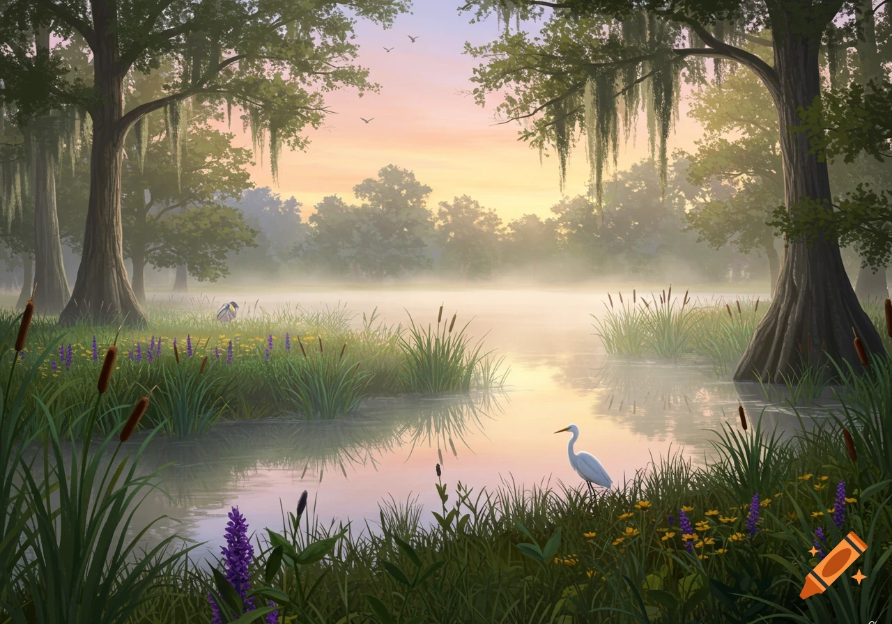 Painterly misty wetland at sunrise with cypress trees, reeds, wildflowers, and two egrets by calm water.
