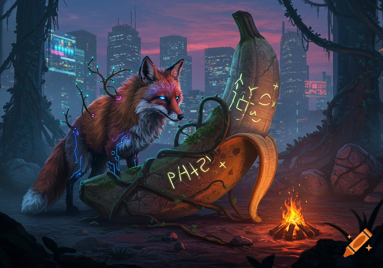 A glowing cyberpunk fox stands next to a giant, ancient banana covered in glowing symbols, with a city skyline and campfire in the background.
