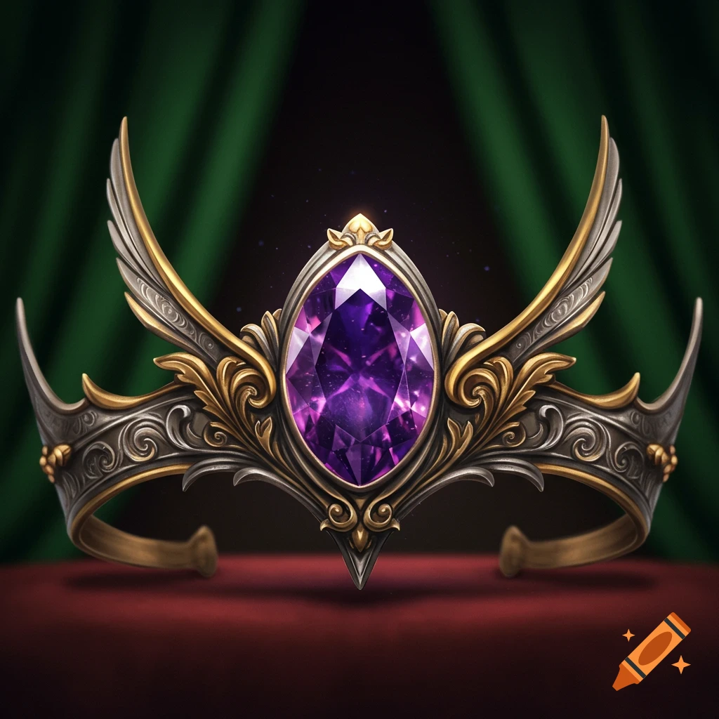 An ornate crown with gold and silver wing-like accents, featuring a large, faceted oval purple gemstone at its center.