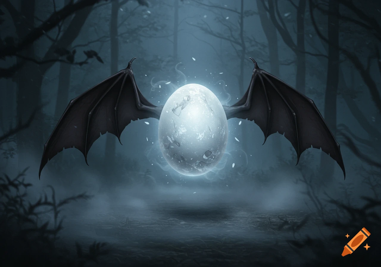 A glowing, moon-like egg with black bat wings floats in a dark, misty forest.