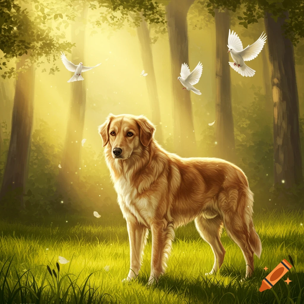 A golden retriever stands in a sun-drenched forest clearing with white doves flying around it, digital art.