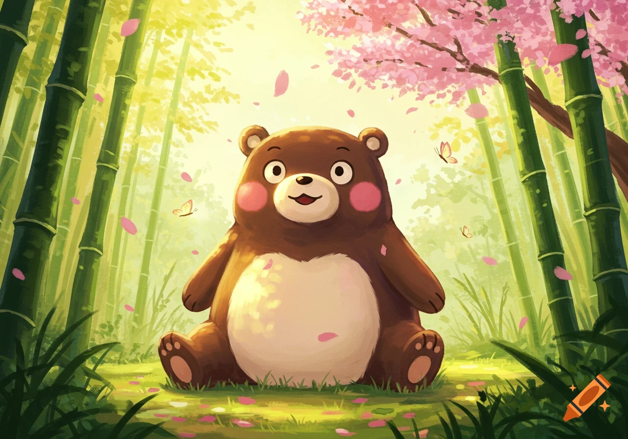 A cute, chubby brown bear sits in a lush bamboo forest with pink cherry blossom petals falling around it, in a stylized illustration.