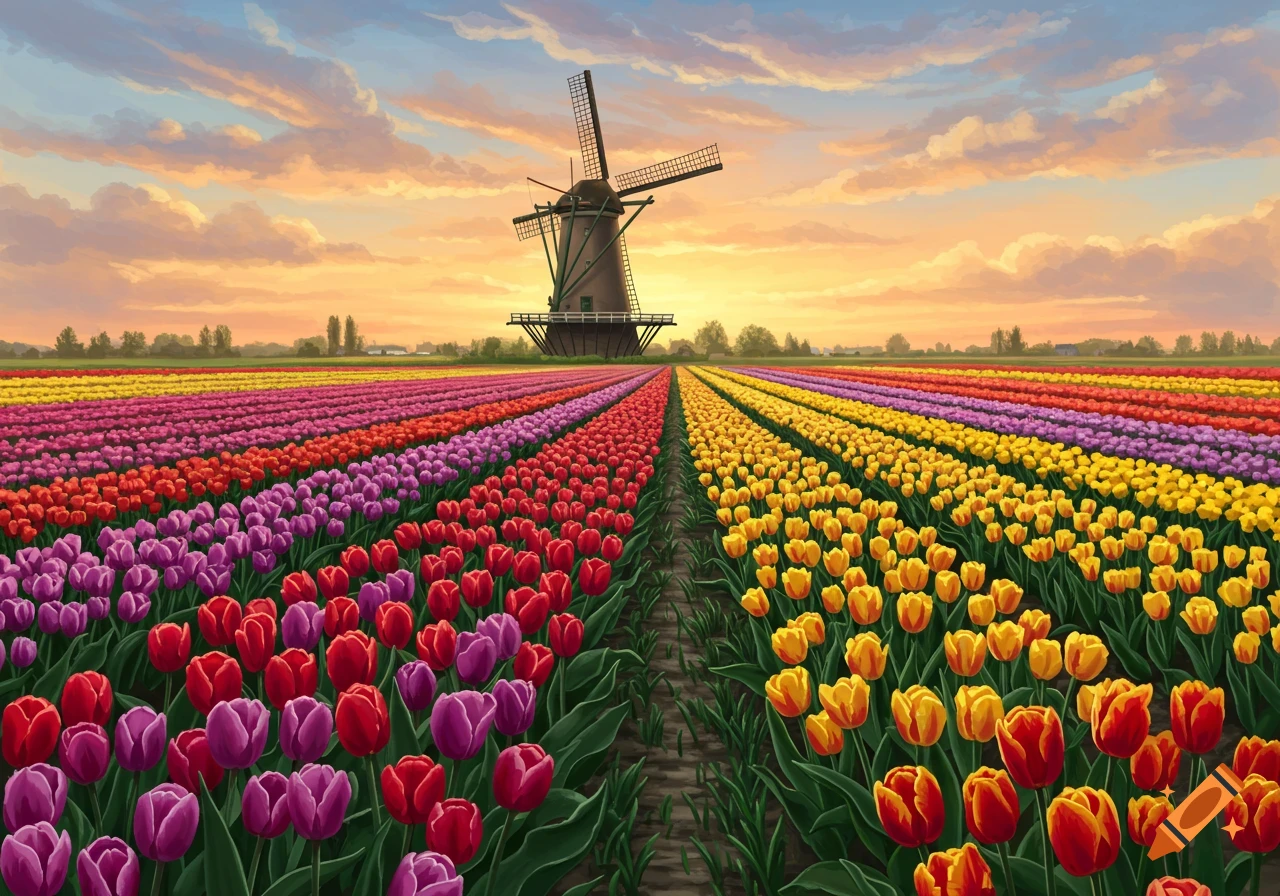 A vibrant field of red, purple, and yellow tulips stretches towards a traditional Dutch windmill under a beautiful sunset sky.