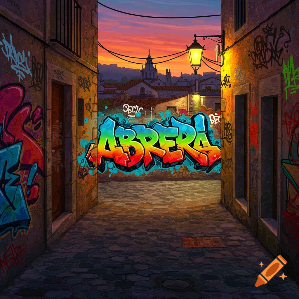 A vibrant, cartoon-style alleyway with colorful graffiti, including the word 'ABRERA!', leading to a city view at sunset.