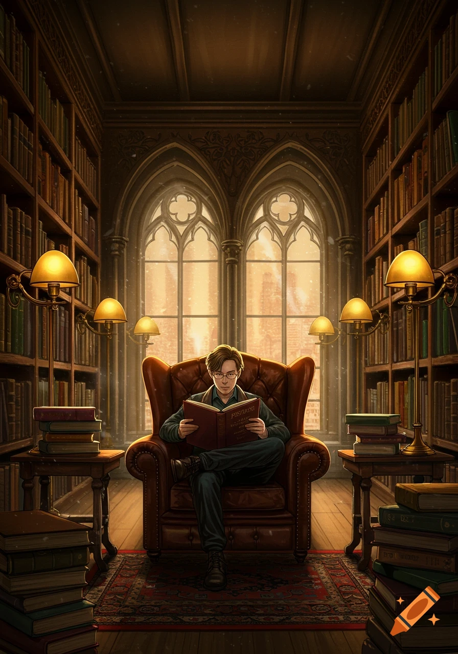 An illustrated man with glasses sits in a leather armchair reading a book in a grand library, surrounded by bookshelves and large arched windows.