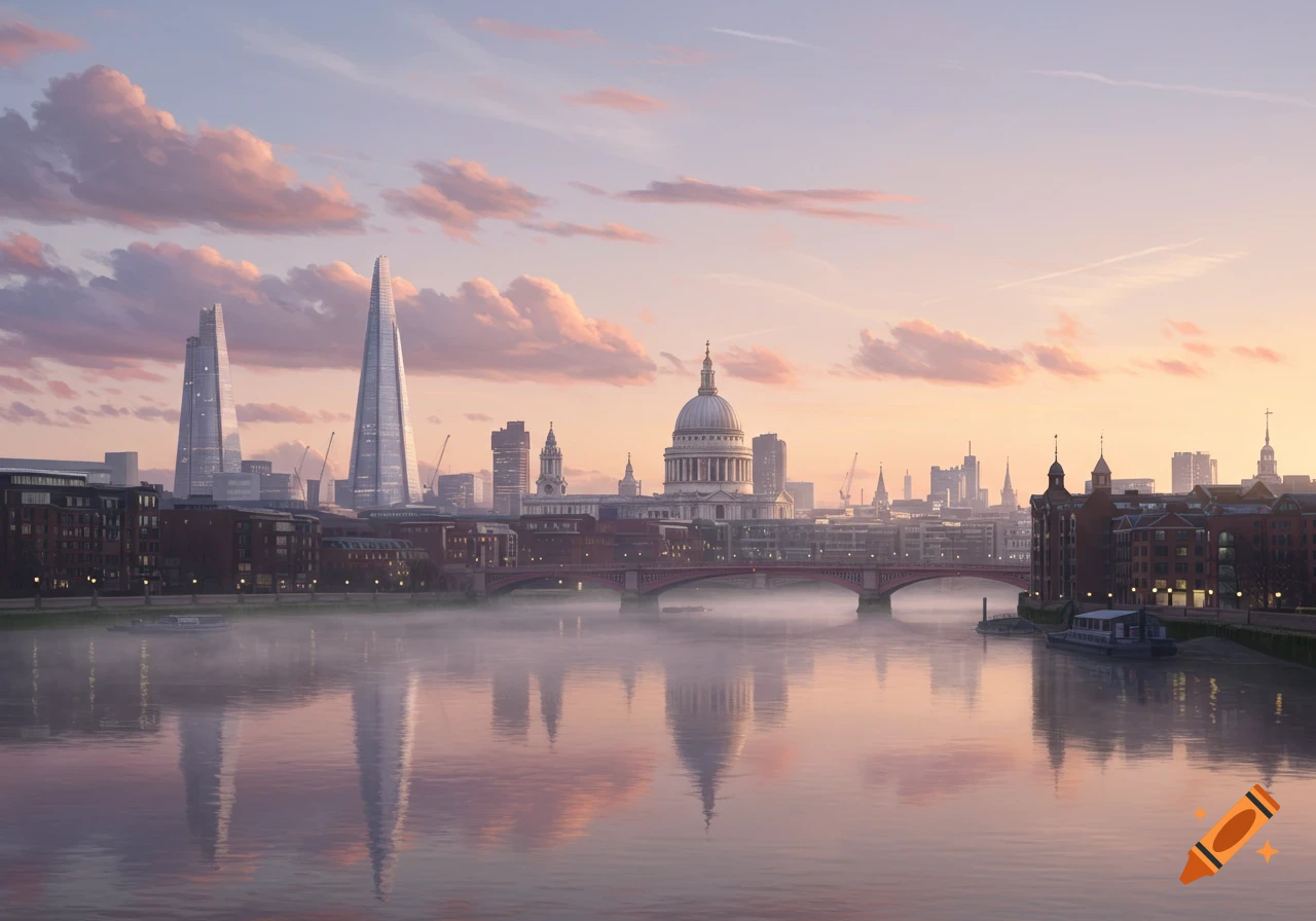 Panoramic view of central London's skyline at sunrise with St. Paul's Cathedral, The Shard, and a bridge over a misty River Thames.