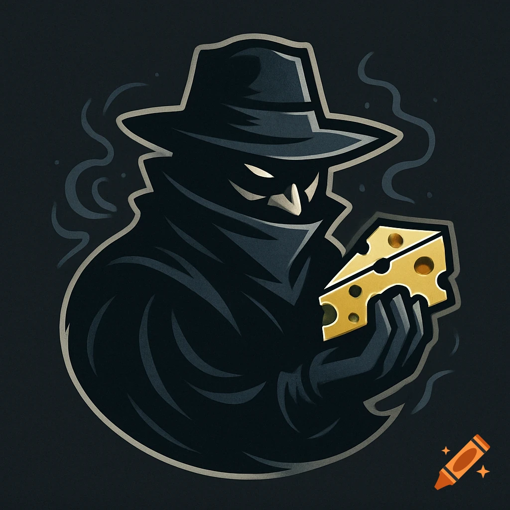 A stylized logo illustration of a dark, masked bandit in a fedora and trench coat holding a wedge of Swiss cheese, with smoke around him.