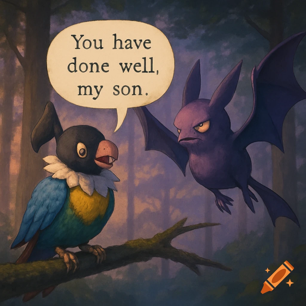 Chatot perched on a branch says 'You have done well, my son.' to a flying Crobat in a forest.