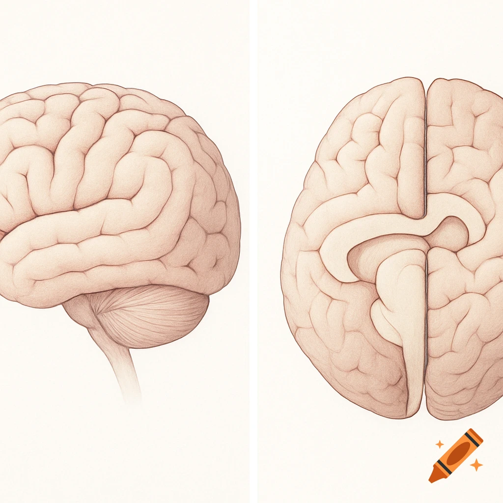 Two scientific illustrations of a human brain: a lateral view of the left hemisphere and a medial view.