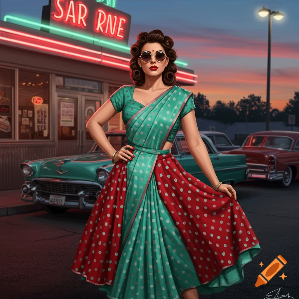A stylish woman in a red and teal polka dot rockabilly sari dress poses in front of a vintage diner with classic cars at sunset.