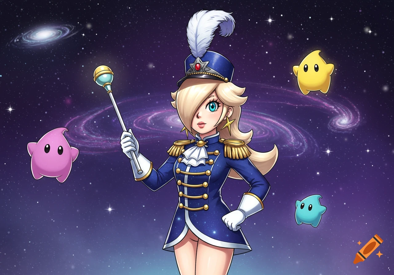 Rosalina from Super Mario, dressed as a marching bandleader in a blue and gold uniform, holds a baton in space with Lumas and galaxies.