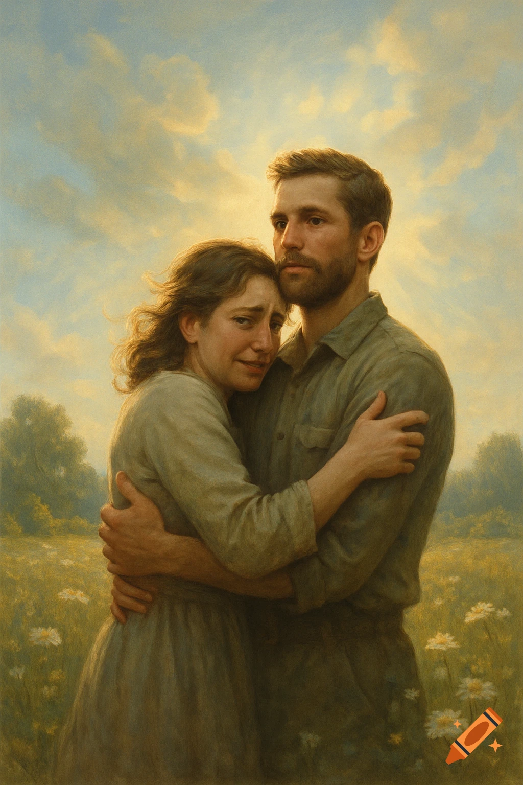 A classical painting of a man embracing and comforting a crying woman in a sunlit field with wildflowers.