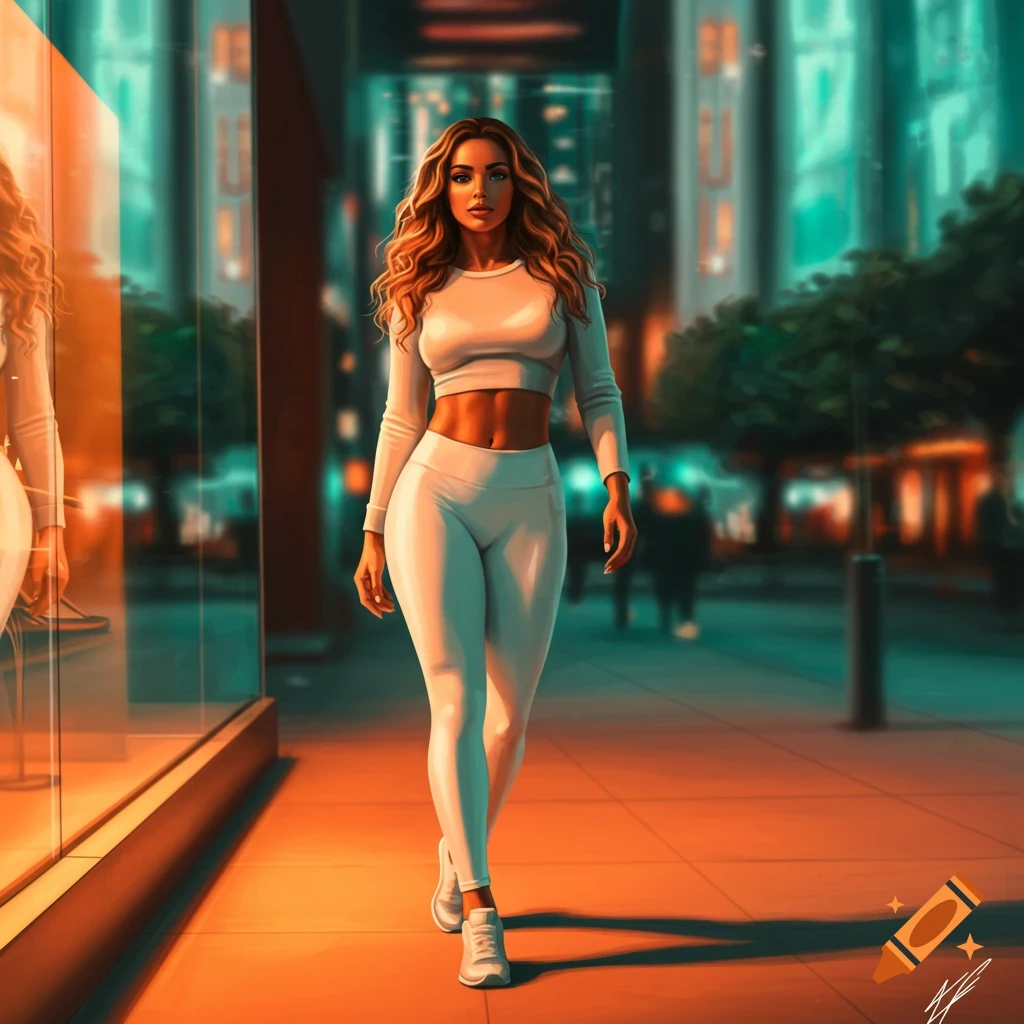 A stylish woman in a white crop top and leggings walks through a vibrant, futuristic city street at dusk, digital art.