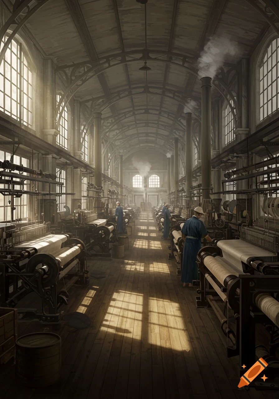 Sunlit 19th-century textile factory interior with workers operating machinery, smoke from chimneys, photorealistic style.