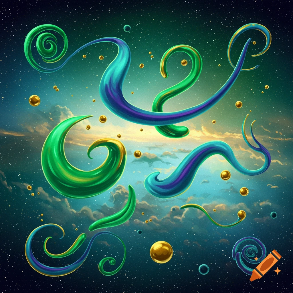 Vibrant abstract art with glossy green and blue flowing shapes and golden spheres against a starry twilight sky.