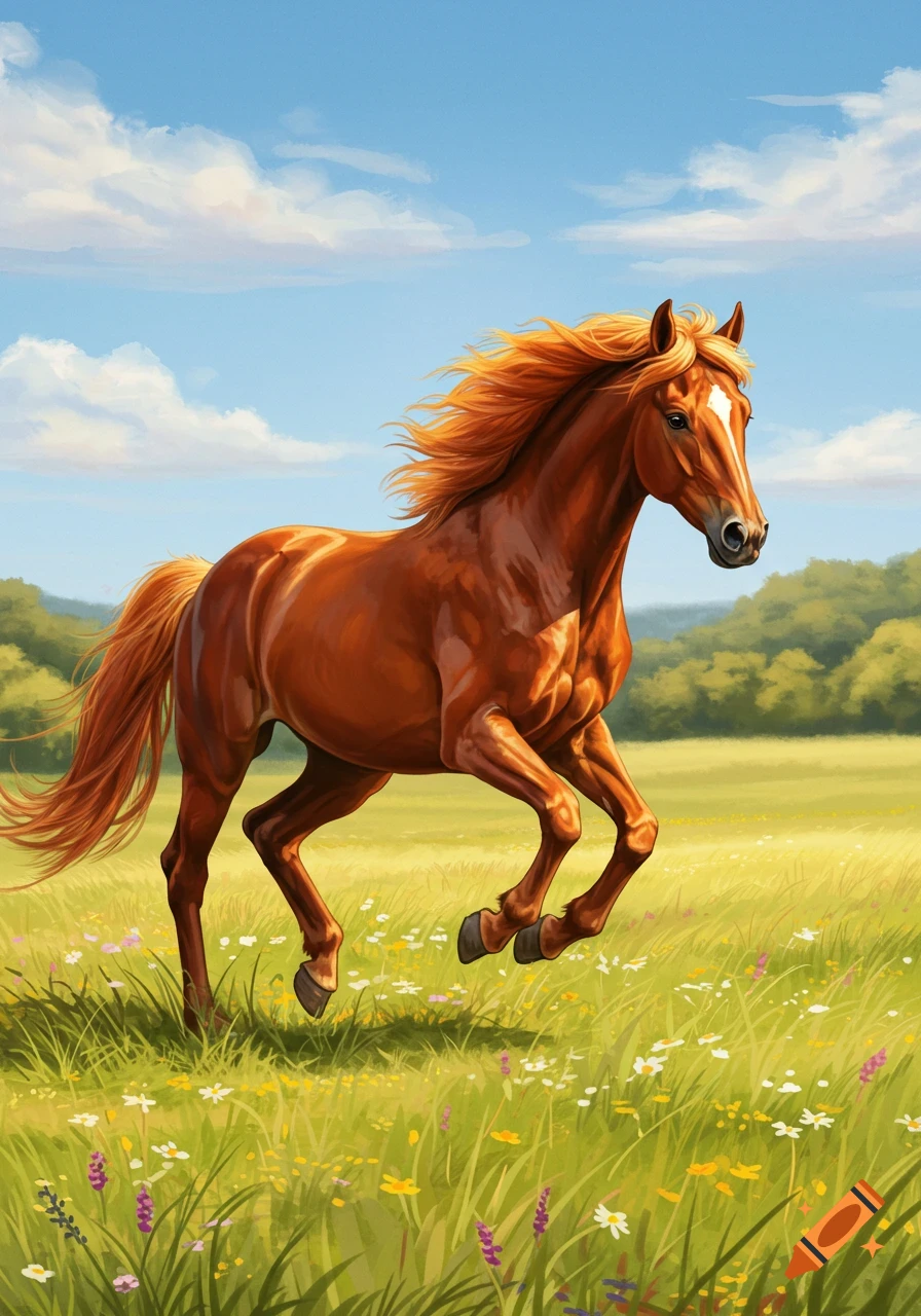 A vibrant illustration of a brown horse with a flowing mane galloping through a sunny green field with wildflowers.