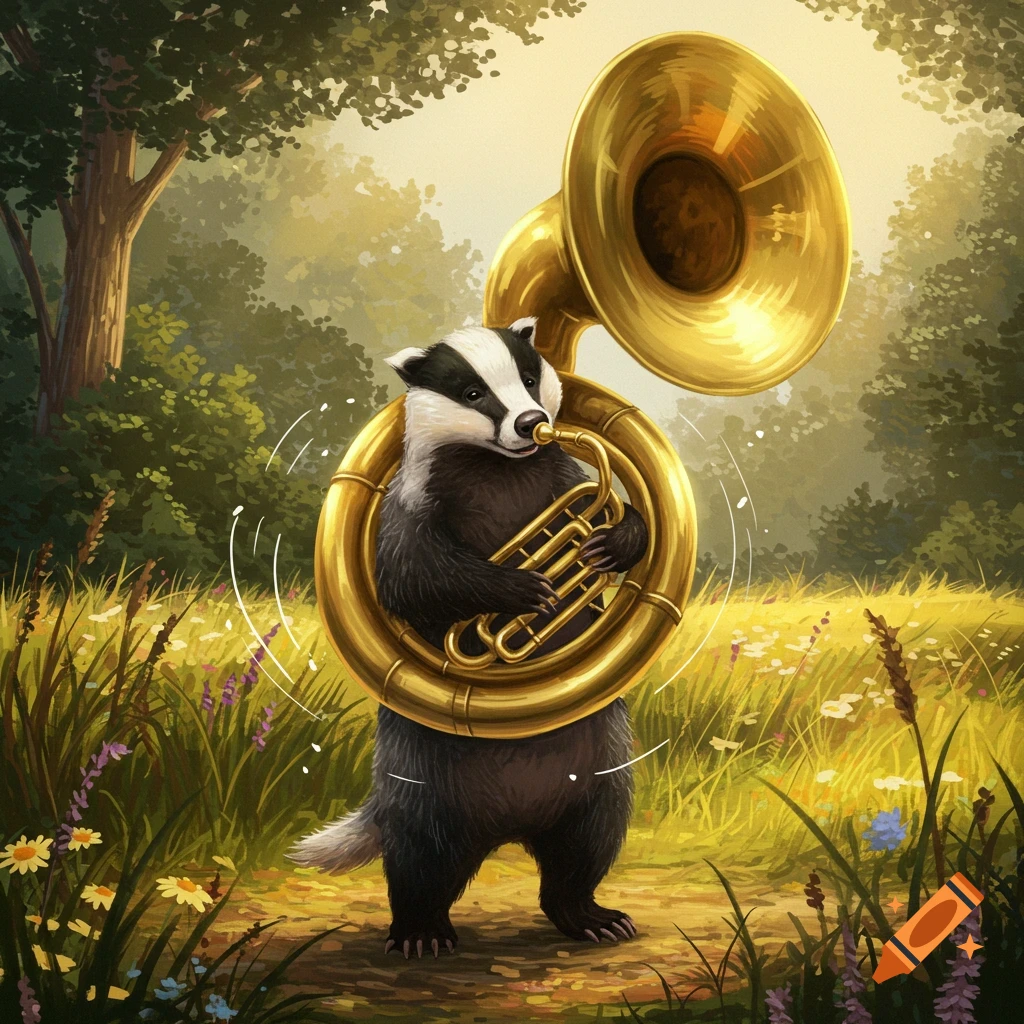 A cartoon badger stands in a grassy forest, playing a golden sousaphone.