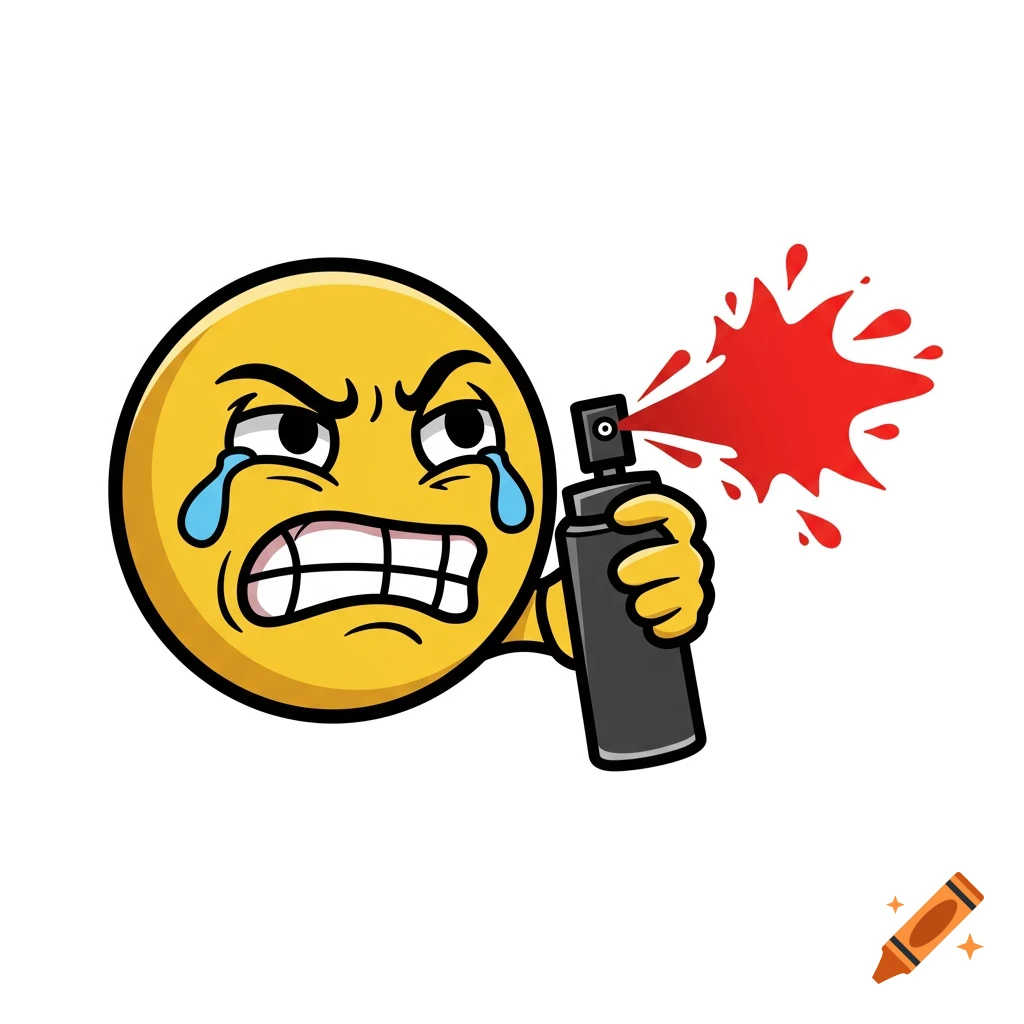 An angry, crying yellow emoji holding a black spray can that emits a red splash.