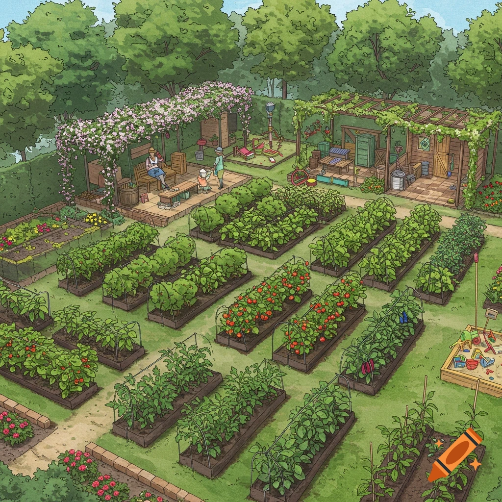 Overhead illustrated view of a lush community garden with vegetable beds, people relaxing under a pergola, a play area, and a shed.