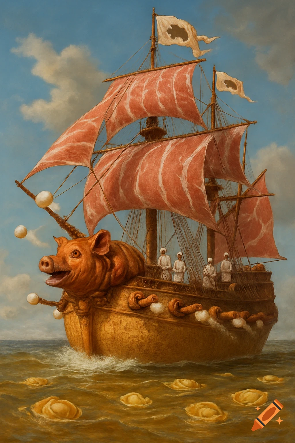An antique naval painting of a fantastical ship with a pig's head prow, prosciutto sails, porchetta cannons, and chefs on deck, sailing on a sea of broth with tortellini.