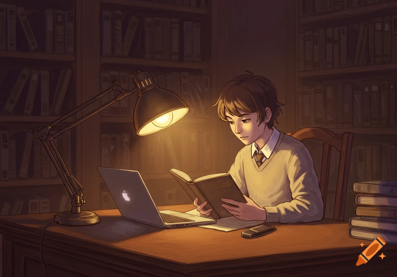 A stylized illustration of a young person studying a book at a desk in a cozy library with a laptop and warm lamp light.