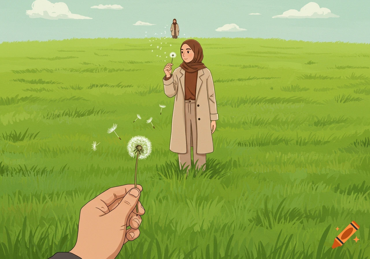Cartoon illustration of a hand holding a dandelion in the foreground, with a woman in a hijab standing in a green field with another dandelion. A distant figure is also in the field under a cloudy sky.