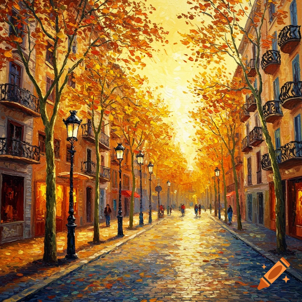 Impressionistic oil painting of a vibrant autumn city street lined with buildings, trees, and lampposts under golden light, with people walking.