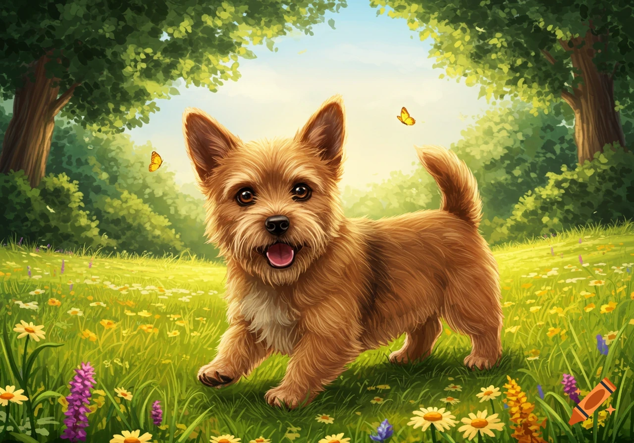 Illustrated fluffy brown dog running through a sunny meadow filled with colorful wildflowers and trees.