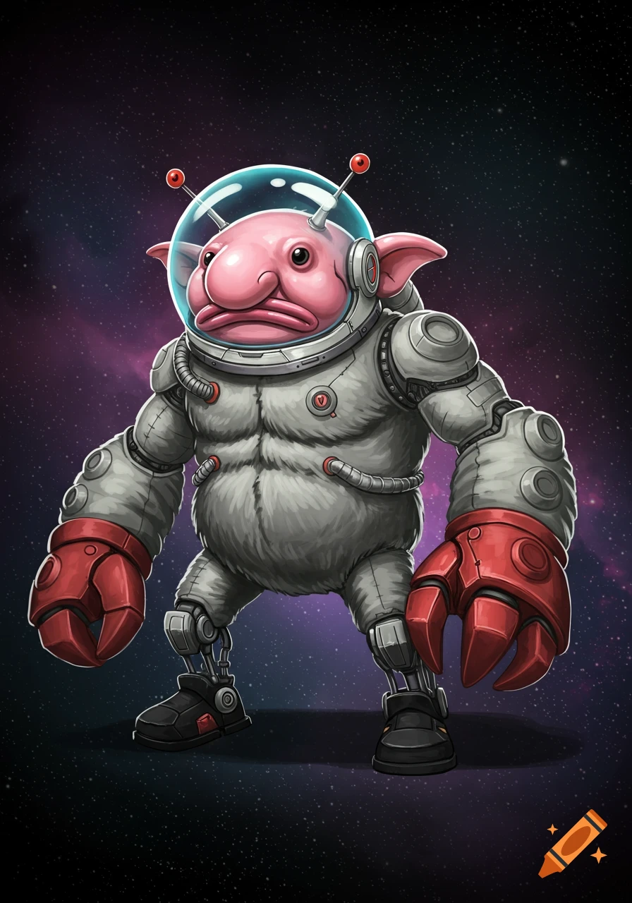A pink blobfish-like monster wearing a futuristic gray astronaut suit with red claw hands and a transparent helmet, standing in deep space.