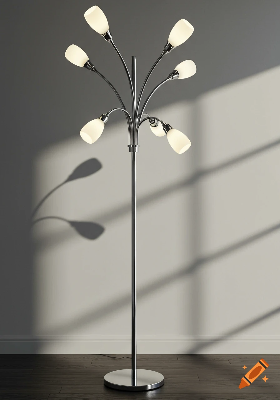 A tall chrome floor lamp with seven glowing white bulbs on a dark wooden floor against a gray wall.