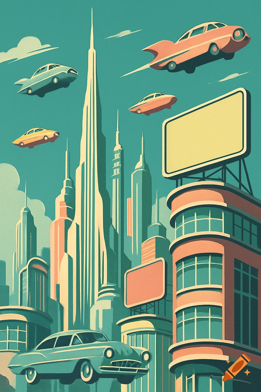 A retro-futuristic cityscape in a vintage poster style, with tall spires, buildings, and flying cars in a limited color palette.