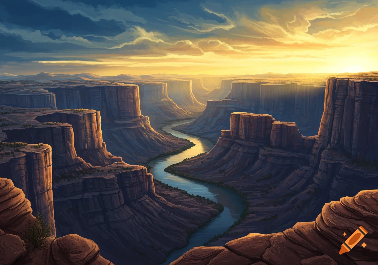 A vibrant stylized illustration of a winding river through a vast canyon at sunset, with warm golden light.