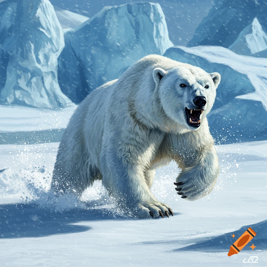 A powerful polar bear with an open mouth runs through fresh snow in a frozen Arctic landscape with ice formations.