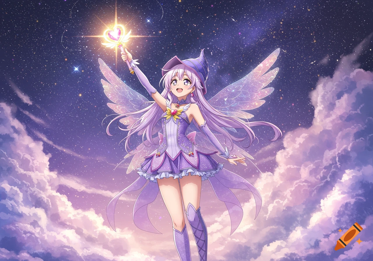 Anime magical girl with purple hair and dress, holding a glowing heart wand in a starry, cloudy sky.