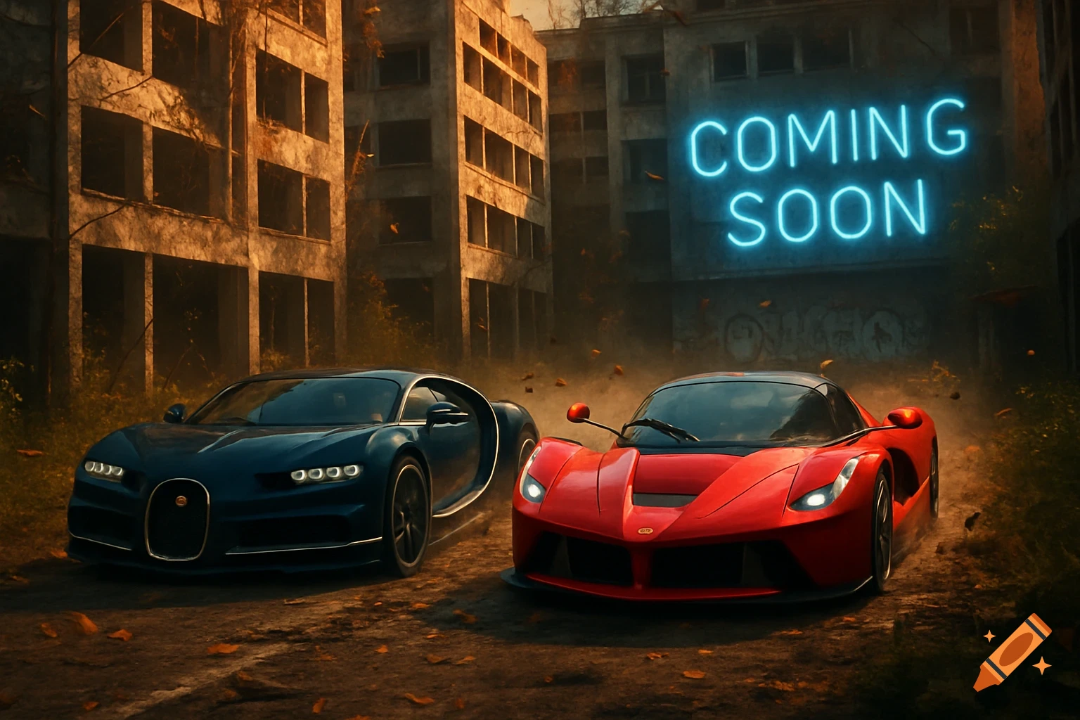 A blue Bugatti Chiron and a red Ferrari LaFerrari parked in front of ruined buildings under a glowing "COMING SOON" neon sign.