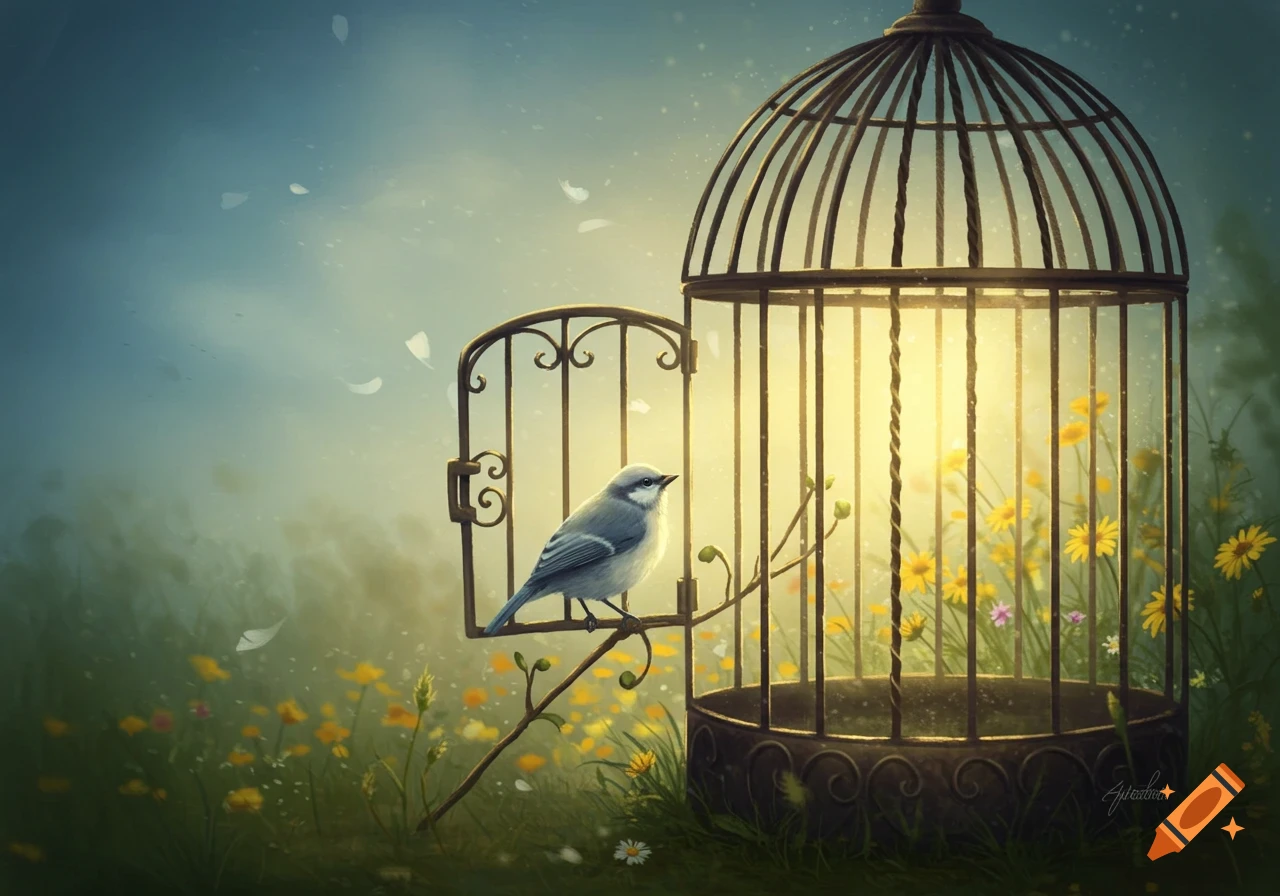 A small grey bird perches at the open door of an ornate birdcage in a sunny field of yellow flowers, painterly style.