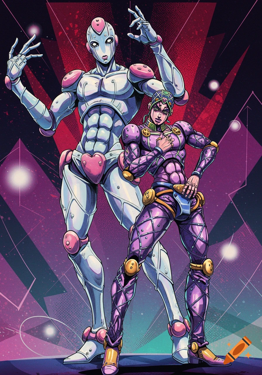 A white robotic figure and a human in purple with a distinctive hat pose in the anime style of Jojo's Bizarre Adventure against a dark geometric background.