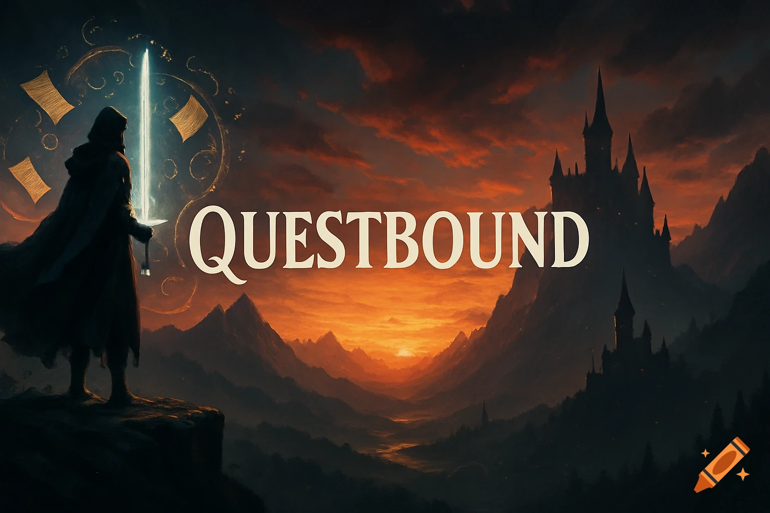 A cloaked heroic figure with a glowing sword stands on a cliff at sunset, overlooking a fantasy castle and mountains, with "QUESTBOUND" text.