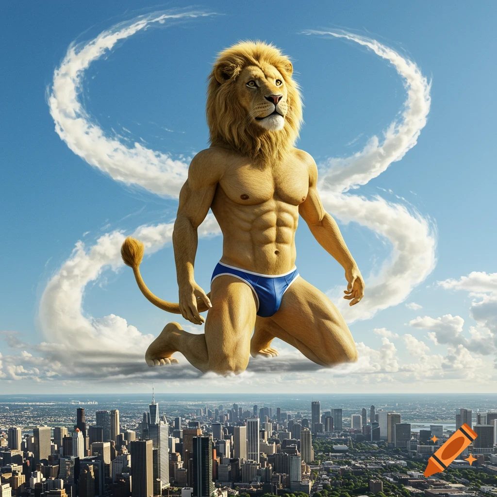 Photorealistic giant anthropomorphic lion in a blue speedo kneels on clouds above a city, under a blue sky.