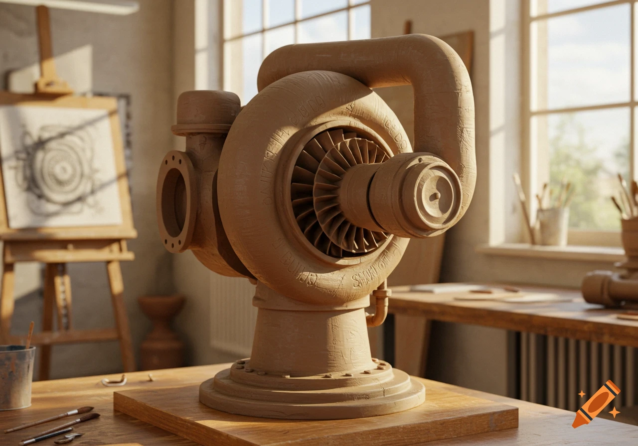 A detailed clay model of a turbocharger on a wooden table in a sunlit artist's studio.