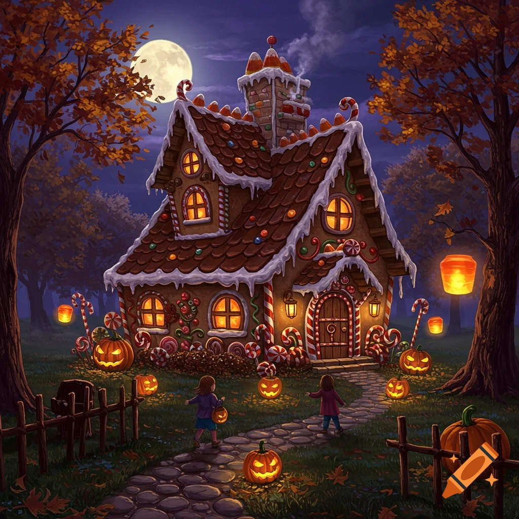 An enchanting illustration of a Halloween candy house under a full moon, with two children walking along a stone path past glowing jack-o'-lanterns.