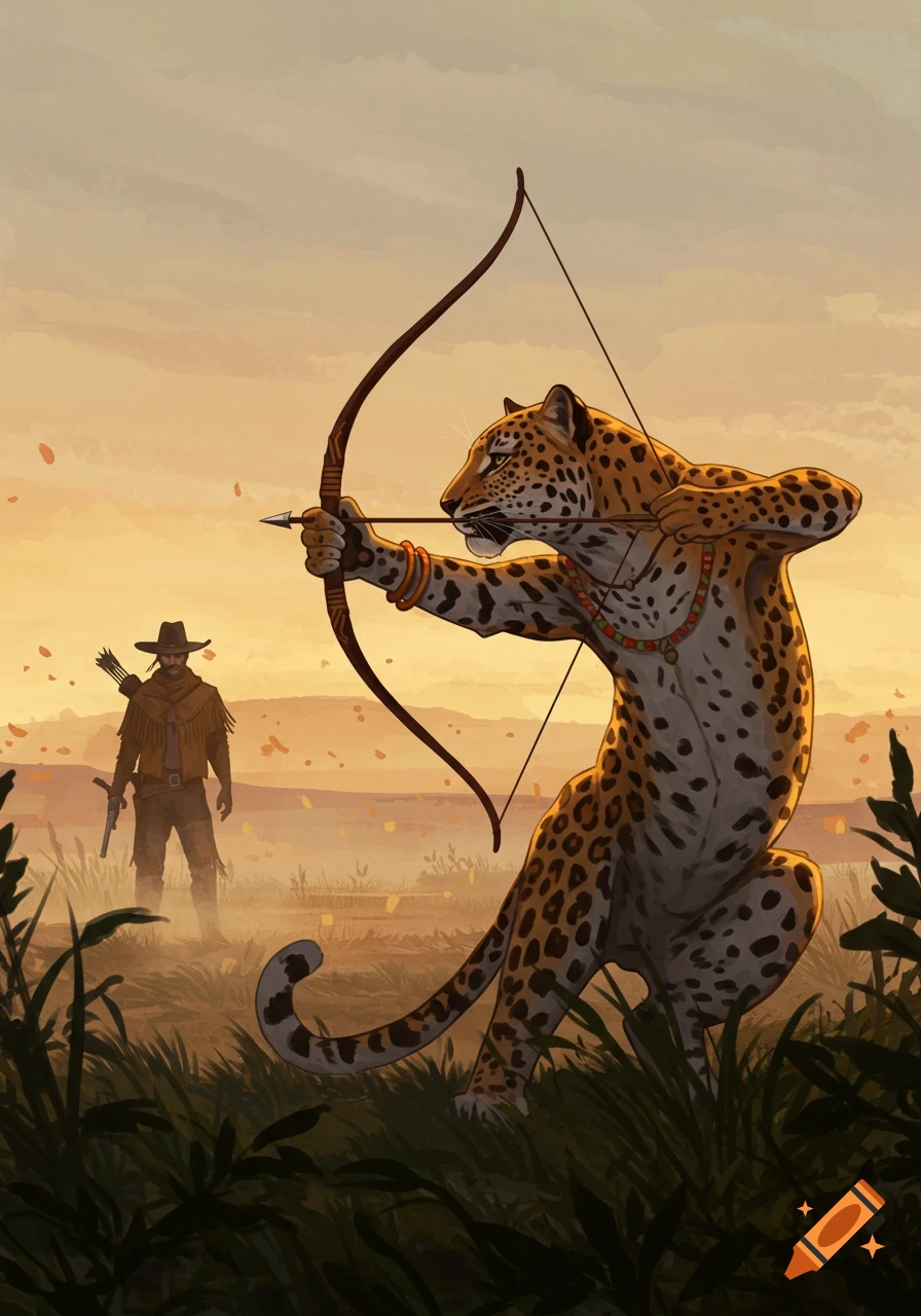 Digital painting of an anthropomorphic jaguar archer aiming a bow at a cowboy in a dusty field at sunset.