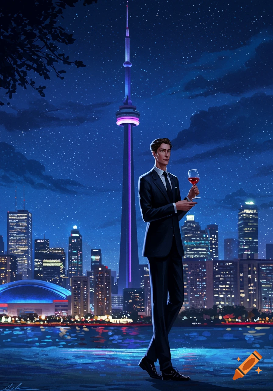 Digital illustration of a man in a suit holding a wine glass, standing by water with the Toronto CN Tower and city lights at night under a starry sky.