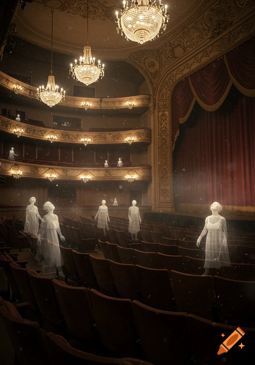 Ornate old theatre with chandeliers and ghostly figures watching an empty stage.