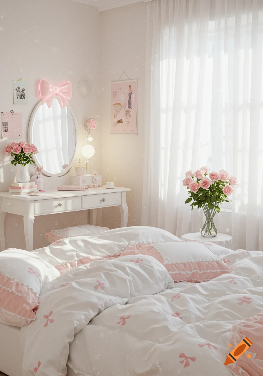 Pink Girly Bedroom created on Craiyon, image size:896x1280